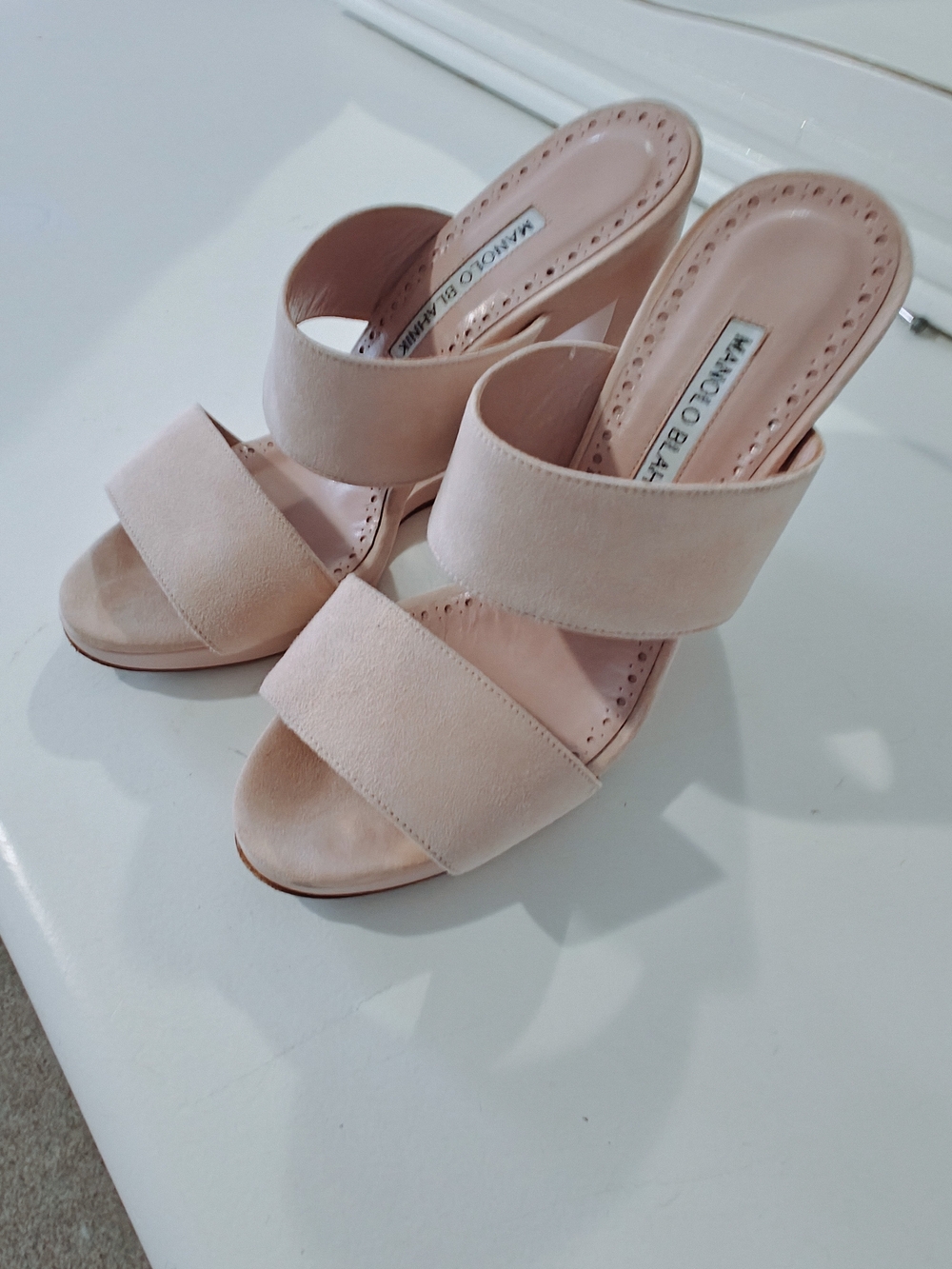 Manolo Blahnik Blush Suede Double-Band Mules